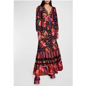 FARM Rio Banana Sky Maxi Dress size XS Black Tropical Floral Ecovero Viscose